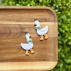 Cooper & Co Porch Goose with Pastel Green Bow Polymer Clay Hypoallergenic Earrings
