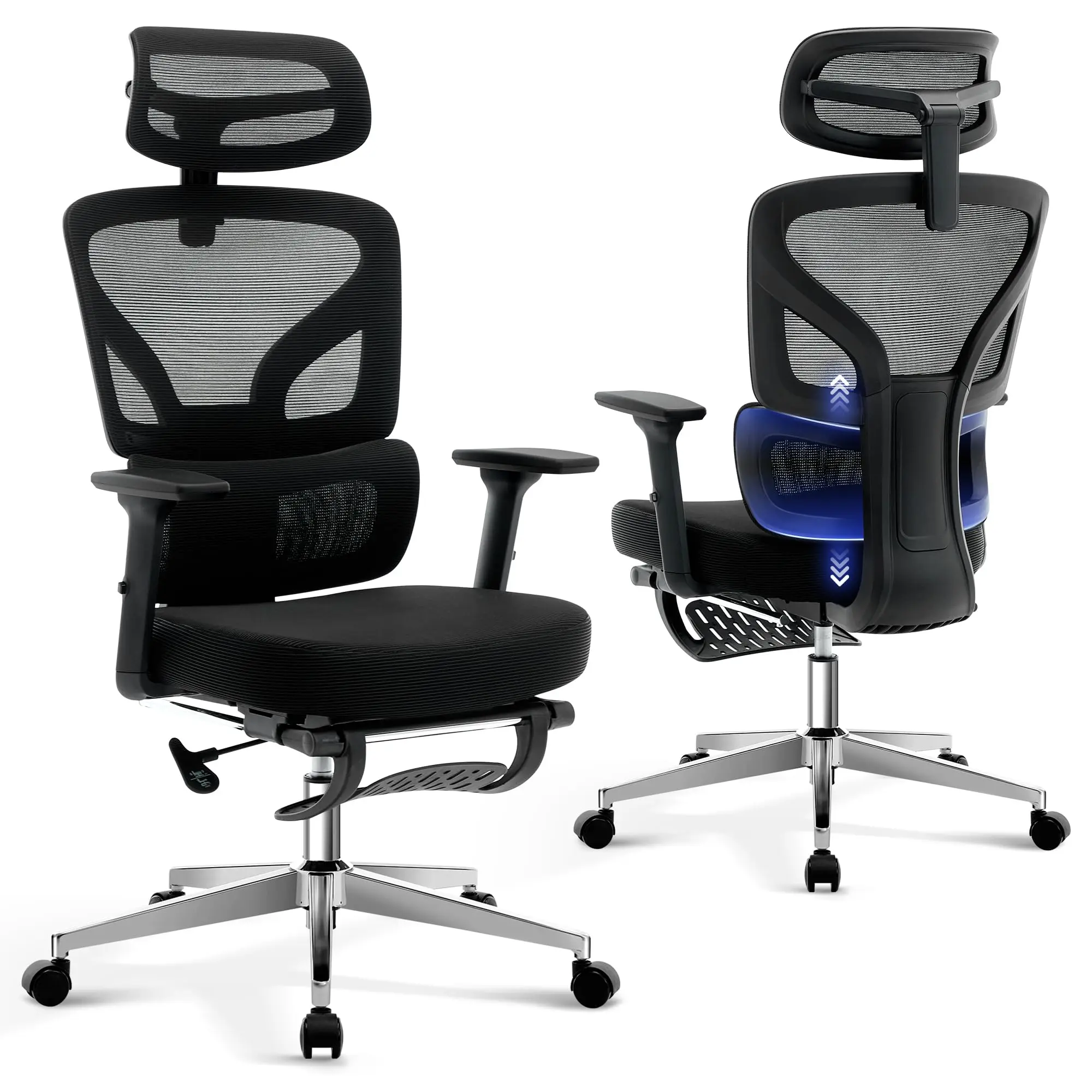 Garvee Ergonomic Office Computer Chair with Adjustable Footrest, Lumbar Support, High Backrest, and 3D Headrest - Mesh Gaming Chair for Home Use