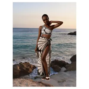 One Shoulder Bikini Set - Black & White Pattern Swimsuit with Wrap Maxi Skirt - High Stretch, Stylish Two Piece Bathing Suit for Women, Beach Pool Vacation