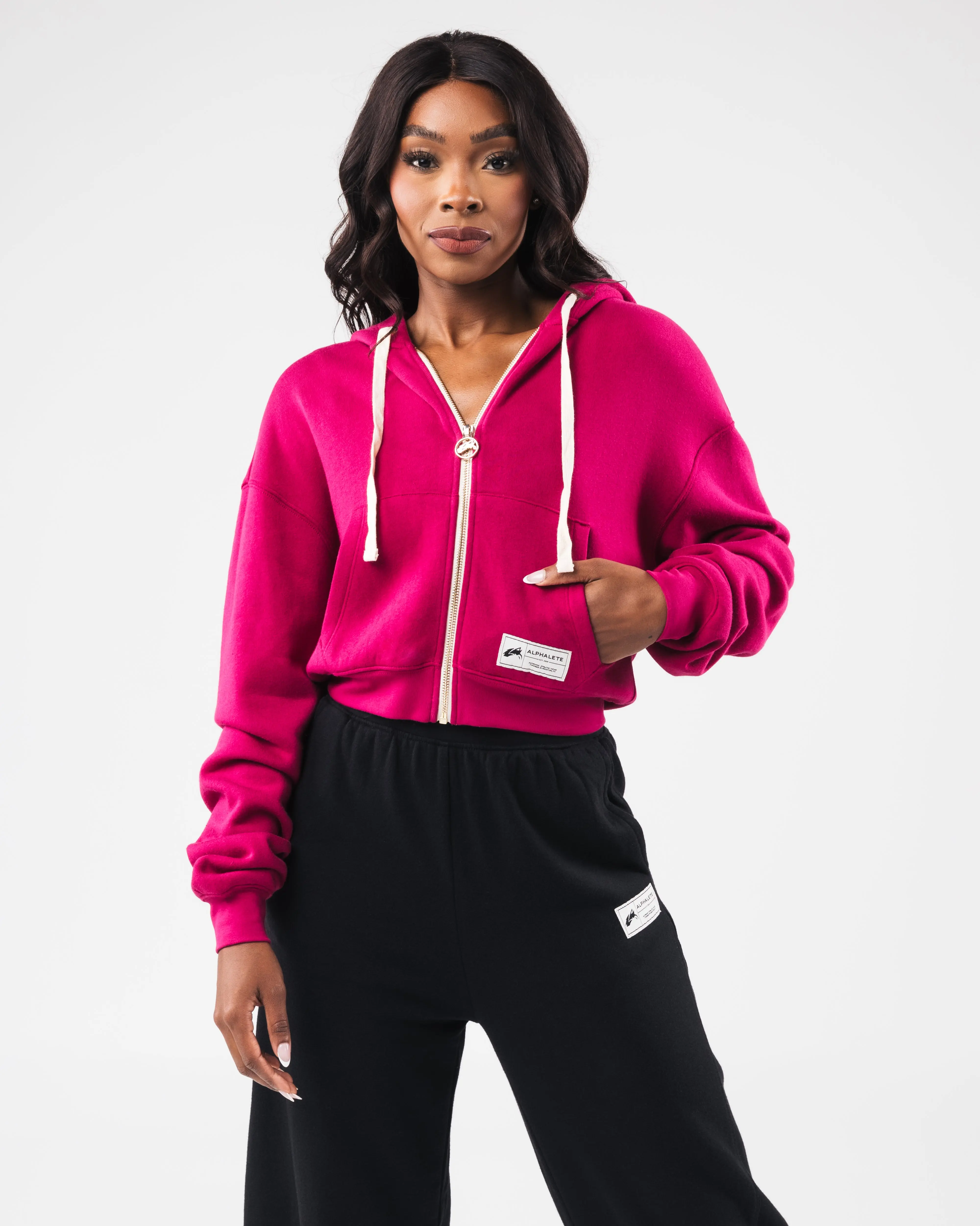 Alphalete Women's Fleece Zip Jacket - Berry, Zip Up Fleece, Brushed Soft, Cropped, Oversized Fit, Cotton Blend, Soft Sherpa Layer