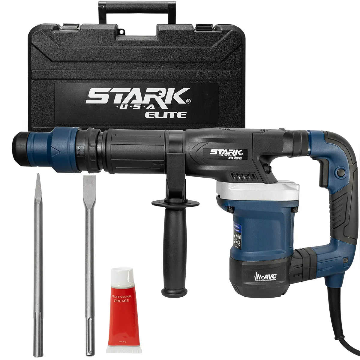 Stark USA SDS-Max Industrial Demolition Chipping Hammer - 1200W Power, 110V/60Hz, 11J Impact Energy, Highly Durable Alloy Chuck, Auto Bit Lock, Shock Absorb, Bull Point Chisel Set for Concrete, Metal, Channel Creation Jobsites