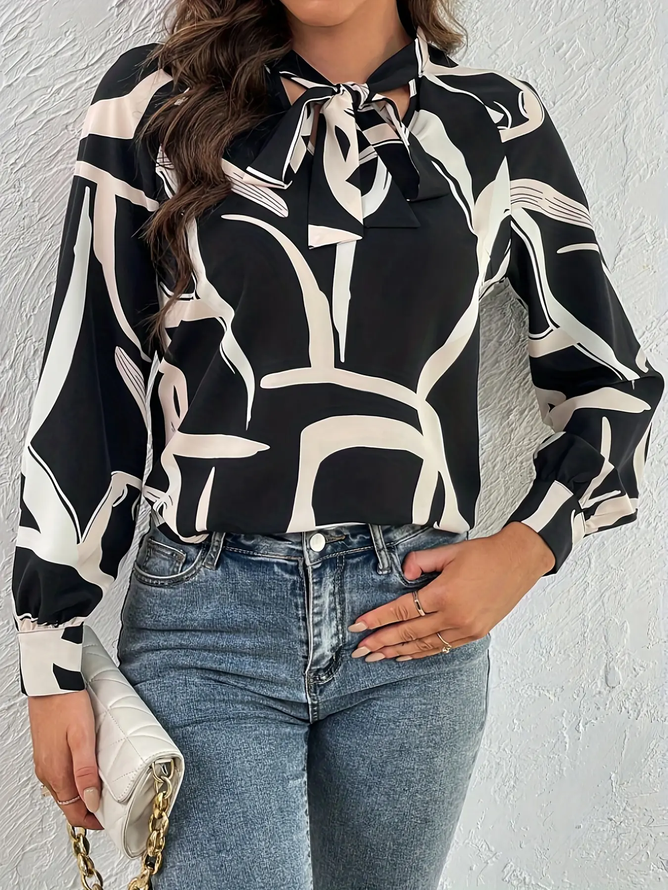 One women's multi-color geometric pattern printed collared shirt Blouse Top with long sleeves Woven, Womenswear, suitable for both casual and professional wear, ideal for daily office outfits, Business Casual Top