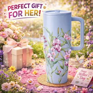 1pc 40oz Stainless Steel Floral Orchid Tumbler, Insulated Cups, Insulated Water Cup, With Handle And Lid, Large Capacity Insulated Travel Mug With Straw, Cup Keeps Drinks Cold 12H Hot 6H, Spring Flower For Car Office Picnic Gift For Women Mom Friends