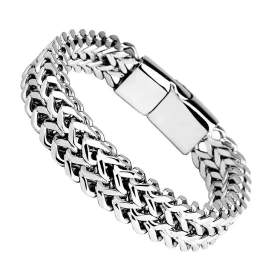 Snake Chain Bracelet for Men, Stainless Steel with Double-Row Fish Scale Braids, 8mm Wide, 21cm Length, Magnetic Clasp, Stacking Set Jewelry, Stainless Steel Bangle