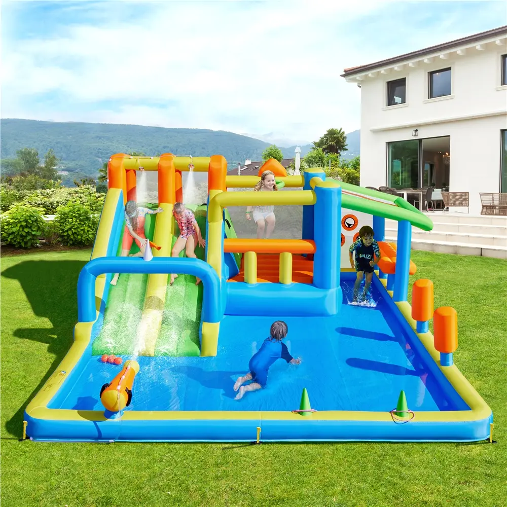 Yaheetech Cooling 10-in-1 Inflatable Water Slide w/ 2 Long Slides & Large Climbing Wall & Small Deeper Pool & Awning for Kids Aged 3 to 8, Outdoor Water Slide w/Storage Bag & 750W Blower