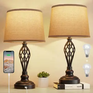Set of 2 Table Lamps with USB Port, Farmhouse Bedside Lamps with 3-Color Temperature, Nightstand Lamp Large Cream Drum Shade Spiral Cage Base Desk Lamps for Living Room, Home Bedroom