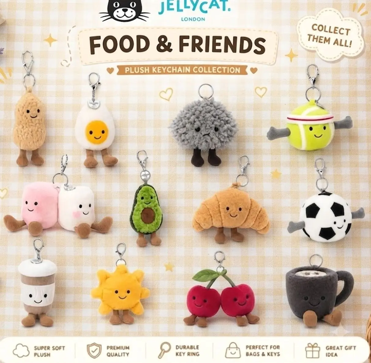Jellycat Food & Friends Plush Keychain Collection | Cute Soft Stuffed Animal Bag Charm Key Ring Gift for Backpack & Purse