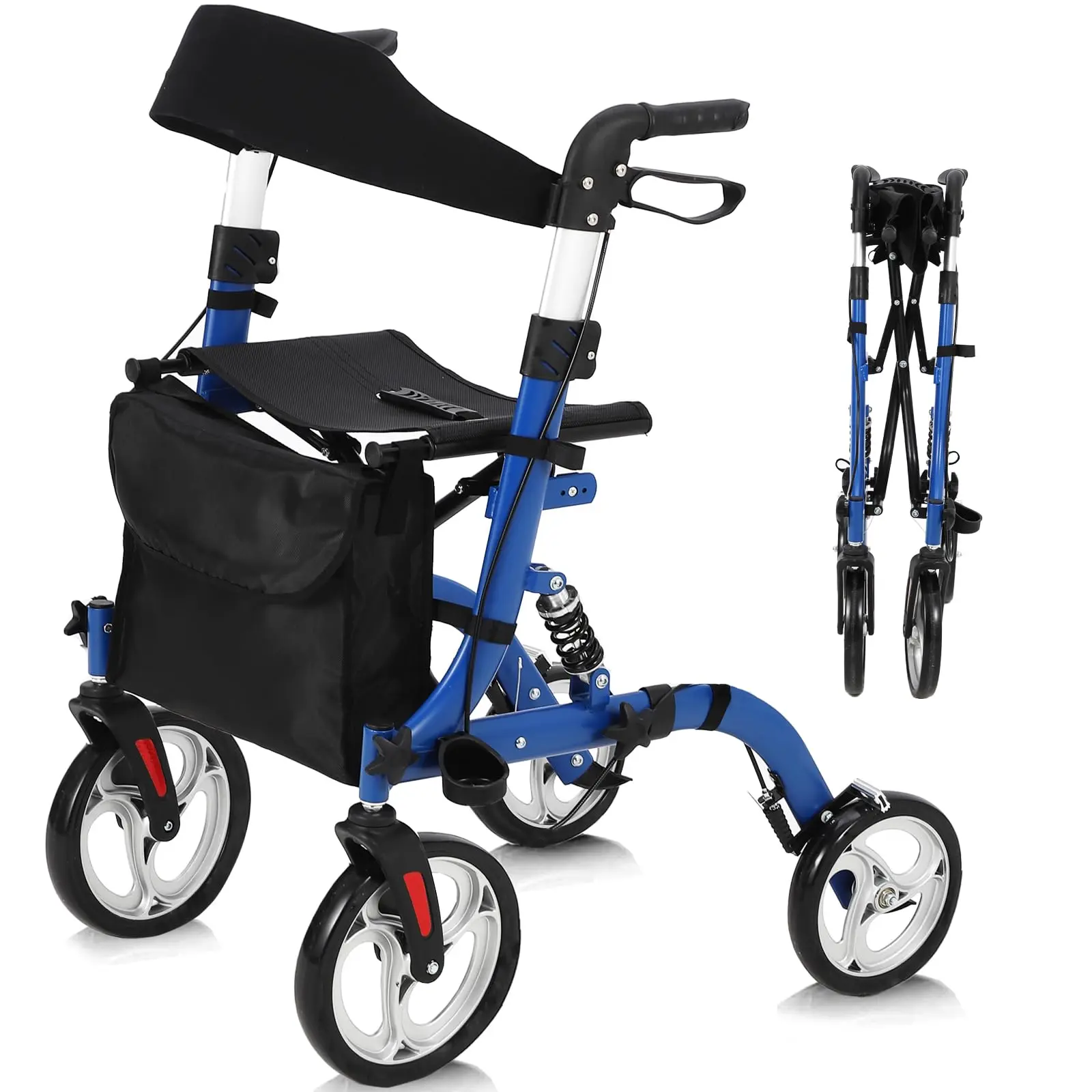 Senior Rollator Walker with Seat - Lightweight Aluminum Frame, Compact Folding Function, Adjustable Height, Safe Design, Upgraded Shock Absorber, All-Terrain Rubber Wheels, Backrest, Durable Indoor-Outdoor Mobility Aid, Safety Design, Cane Holder And Stor