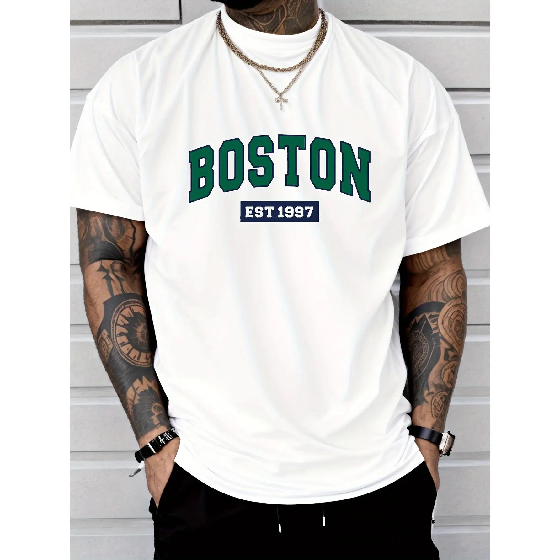 Cotton Short Sleeve  T-Shirt Men'S Boston Est.1997 Graphic Print T-Shirt, Casual Crew Neck Short Sleeve Tee with Slight Stretch, Regular Fit, Letter Pattern Design, Perfect for Sports or Leisure Activities, Leisure Clothing