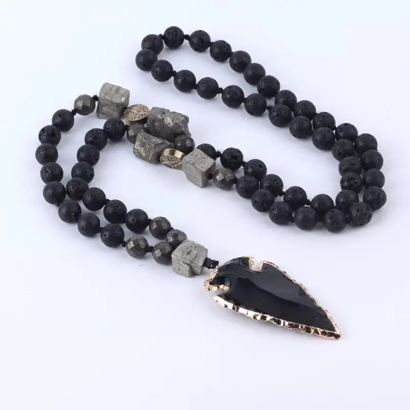 Lava Obsidian Beaded Long Necklace, Natural Black Crystal Gemstone Pendant Necklace, Adjustable Healing Balance Protection Jewelry, Unisex Daily & Festival Gift