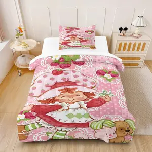Strawberry Shortcake Character Print Comforter Set (2/3 Piece, 1 Lightweight Comforter + 1/2 Pillowcases), Cute Kawaii Pink Aesthetic Bedding, Soft Cozy Bed Set for Girls & Kids Bedroom (Multiple Sizes Available, No Pillow Core), Bedding Supplies
