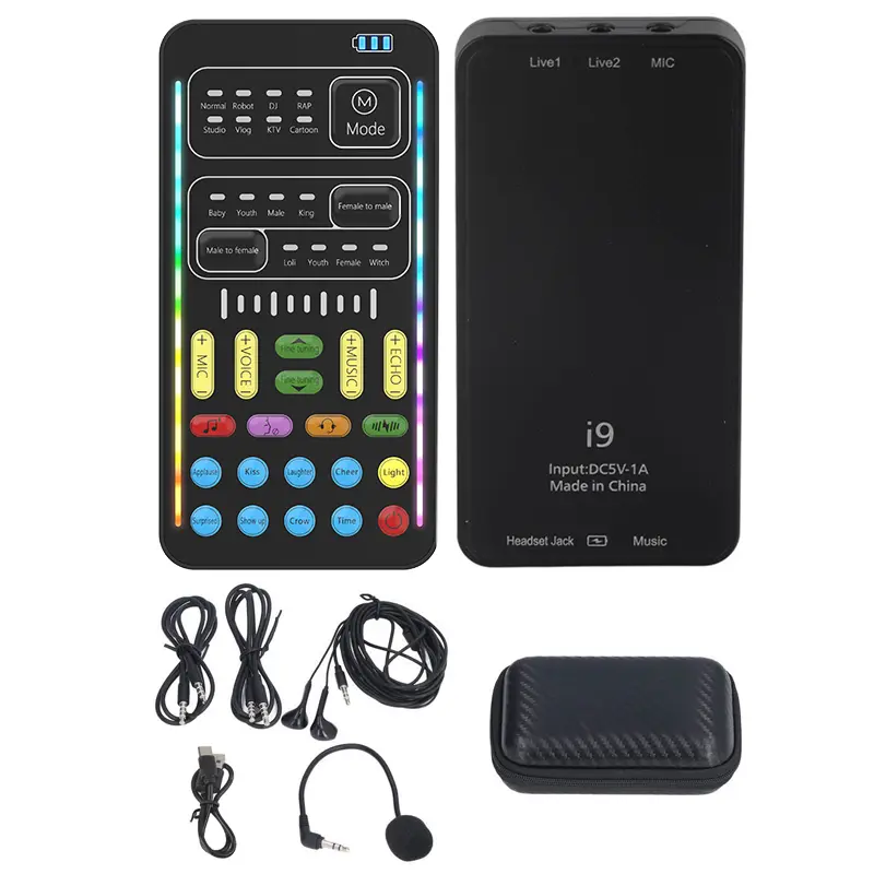 i9 Real-Time Voice Changer with Digital Sound Card, 10 Adjustable Tone Levels, 3.5mm Audio Cable, Plug & Play, Compatible with Computers, PS5, Xbox, Switch, Android, iOS for Content Creation, Universal Sound Card