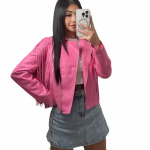 Pink Vegan Leather Fringe Jacket - Stylish Women's Outerwear with Trendy Fringe Detailing for Casual & Special Occasions - Aesthetic, Womenswear
