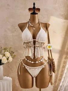 ZESTIVA Tankini set white textured knot halter fringe boho beach vacation