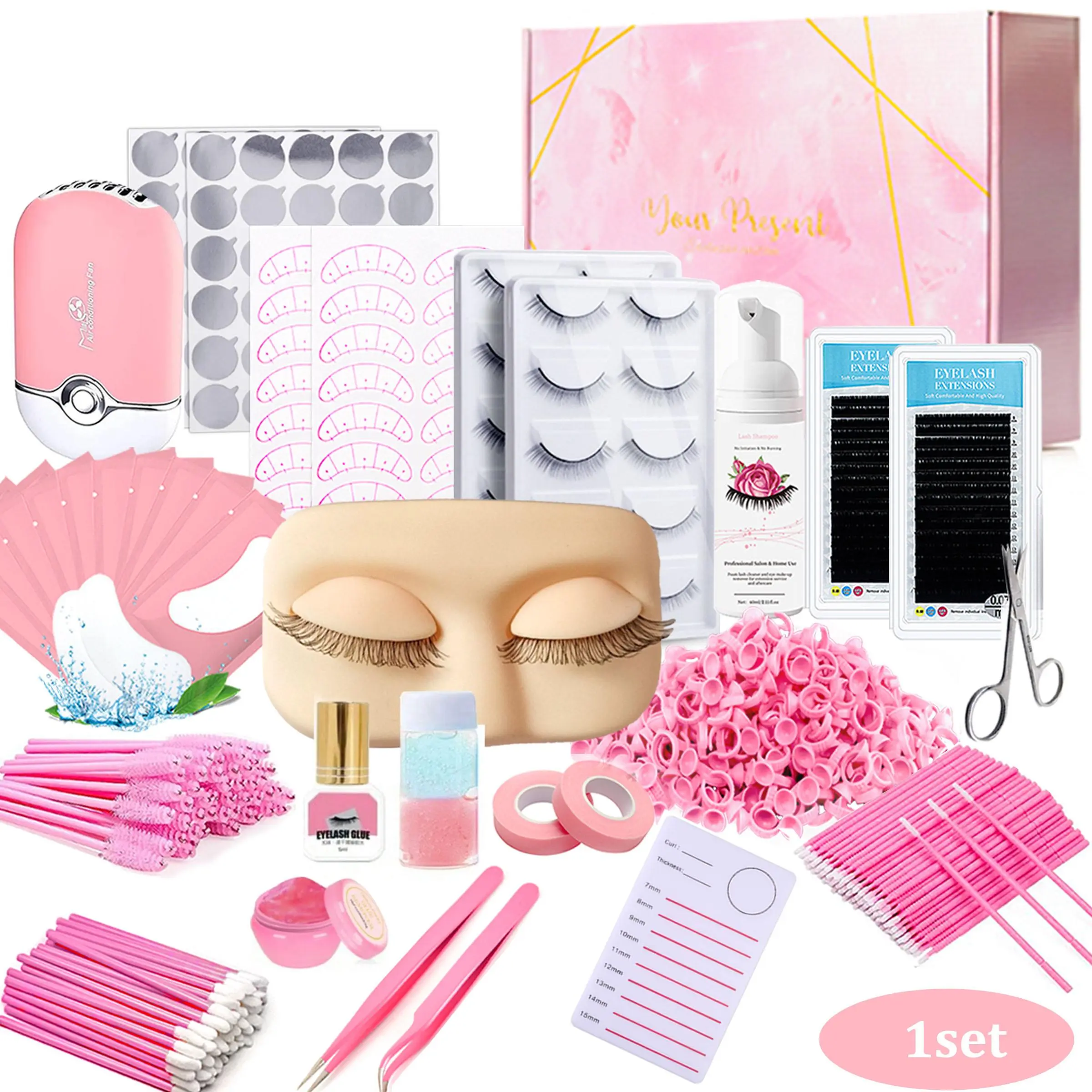 Eyelash Extension Kit with Box, Professional Eyelashes Extension Set for Beginners, Including Practice Mannequin Head, Lash Trays, Glue and Tweezers