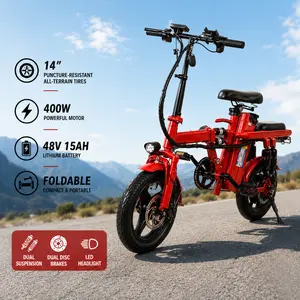 A10 Foldable Electric Bike - 14" Folding Commuter Bicycle, 400W Motor, 48V 15Ah Battery, Dual Suspension, Dual Disc Brakes, LCD Display, 20MPH Adult Ebikes with Adjustable Built-in Seat
