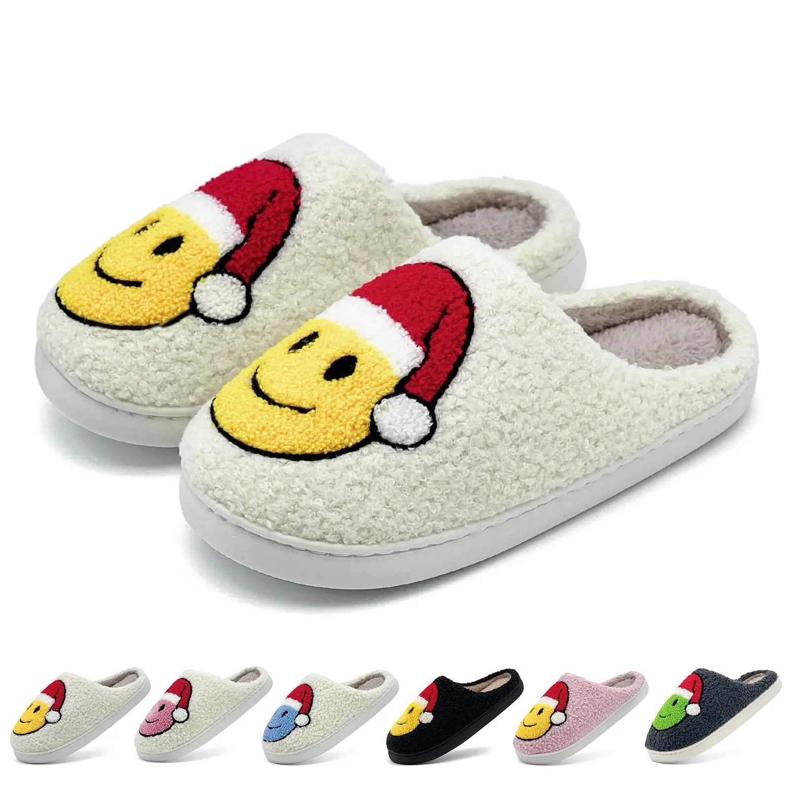 Christmas Slippers For Women ,Smile Face Slippers ,House Happy Face Slippers for Adult Kids Winter Cartoon Indoor Outdoor Warm Non-Slip Fuzzy Flat Slides Footwear Shoes Cute White
