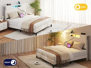 King Size Bed Frame (209x194cm) with High Velvet Fabric Headboard, Adjustable LED Light, Charging Port, Noiseless Wood Slats, Storage Racks, No Box Spring Needed, Quick Easy Setup & Assembly