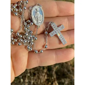 Rosary Beads Necklace Real Solid 925 Sterling Silver Rosario CZ Baguette ITALY