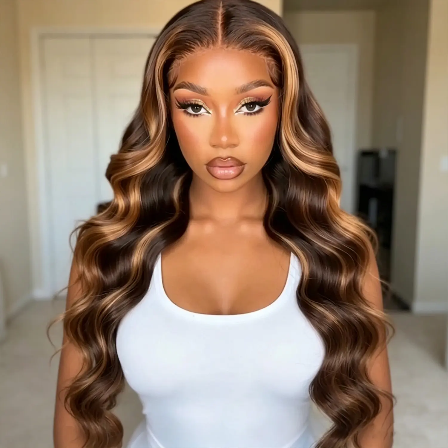 lblbzizi Highlight Ombre Lace Front Wig Human Hair 13X4 HD Transparent Lace Front Pre Everything Drawstring Wigs Glueless Honey Blonde P4/30 Body Wave Human Hair Pre Cut Lace Pre Plucked Bleached Knots 220% Density Wig