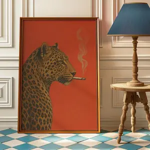 Leopard Smoking Cigarette Poster, Vintage Big Cat Wall Art, Moody Leopard Art Print, Maximalist Animal Decor - [No Frame]