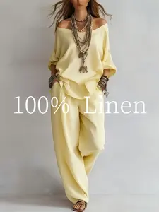 American luxury high-end women's boutique new summer European and American style ladies linen two-piece, casual and loose one-shoulder cropped sleeve top+wide-leg pants.