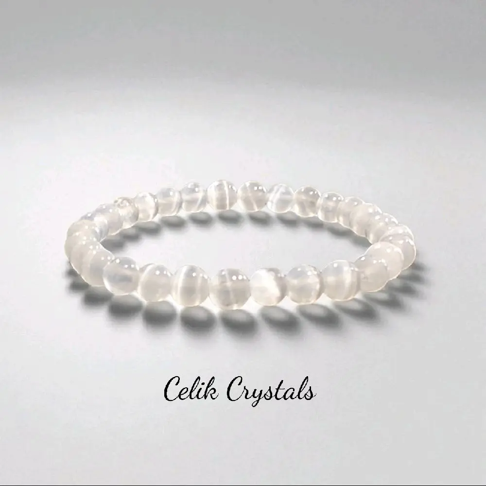 Celik Crystals Unisex Natural Selenite Crystal Bracelet - 8mm High-Grade Handmade High Quality Bracelet, 10mm Optional, 6.5-8.5 in Fit for All Wrist Sizes, Mental Clarity & Protection Energy Jewelry for Adults, Crystal Bracelets