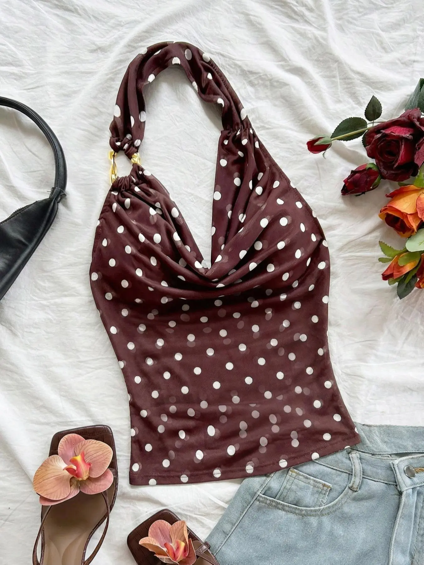 French-style elegant burgundy polka dot fitted halter top, ruffled waist-cinching slim-fit sexy casual cropped top, perfect for dating and party outfits Womenswear, Halter Tank Tops