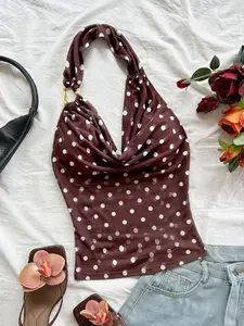 French-style elegant burgundy polka dot halter top, ruffled waist-cinching slim-fit sexy casual cropped top, perfect for dating and party outfits Womenswear, Halter Tank Tops