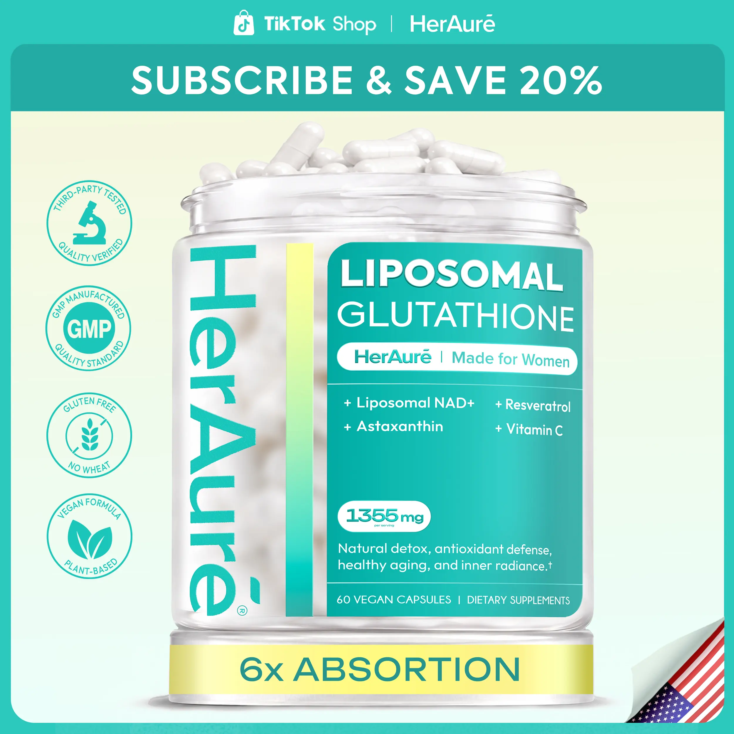 HerAuré Liposomal Glutathione 1355mg -   Complex with NAD+, Vitamin C, Resveratrol, & Astaxanthin - High Absorption for Liver Detox Support,Radiant Skin , Immunity, Energy & Antioxidant Defense sohochic-C