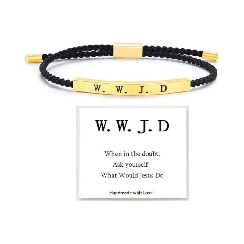 WWJD Religious Braided Rope Bracelet with Stainless Steel, Adjustable Unisex Fit Faith Message Jewelry for Men & Women, Adjustable Fit, Daily Anchor, Blessed Charm, Casual, Bangle, Birthday, Black Cord, Trust In God, Birthdays, Blessed Charm Bracelet, Adj