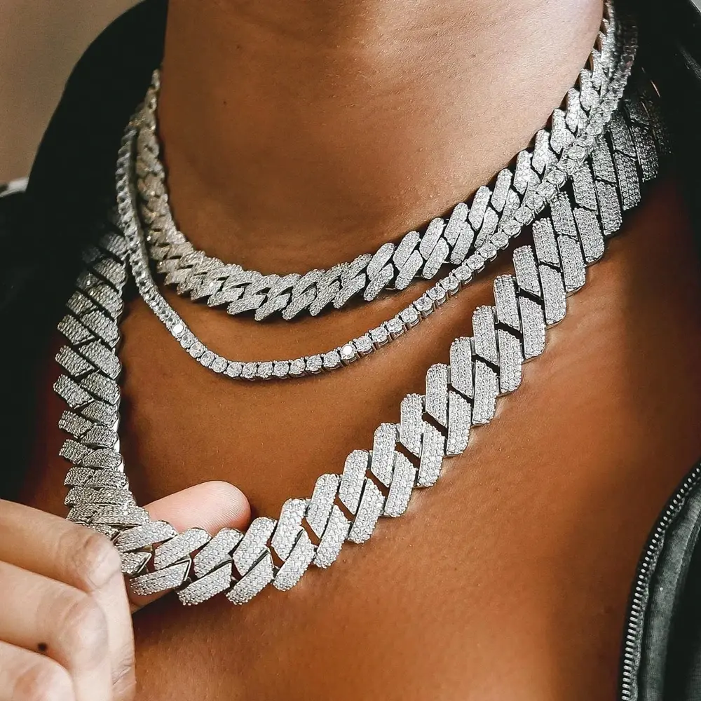3PCS/SET Hip Hop Men Iced Out Chain Prong Rhombus Cuban Link Necklace width Silver Color Thick Cuban Chain Necklace Jewelry for boyfriend gift