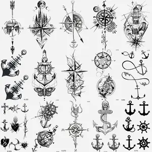 15 Pcs Pirate Ship Anchor Temporary Fake Tattoo Stickers, Cute Design, Compass, Dolphin, Cross, Butterfly, Heart Shape, Realistic Body Art