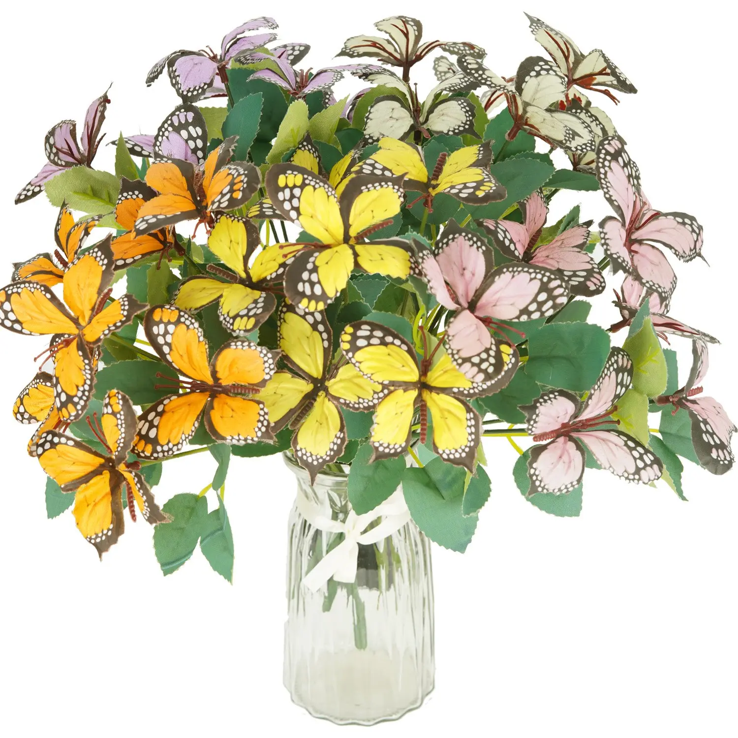 5/10 Pack Spring Artificial 3D Butterfly Flower Bouquet, 7 Heads Realistic Touch Silk Bushes Branches for Outdoor Arrangements Decorating Patios Gardens Front Doors (multiple colors)