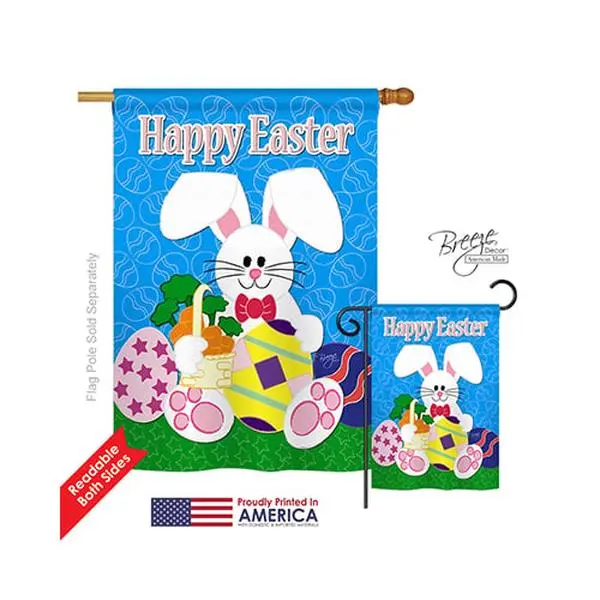 Breeze Decor 03029 Eco-Friendly Polyester Double-Sided Easter Happy Bunny Vertical Banner - 28x40", All Weather Decorative Outdoor Hang Artwork Hanging House Flag for Festive Home Supplies Decoration, Holiday