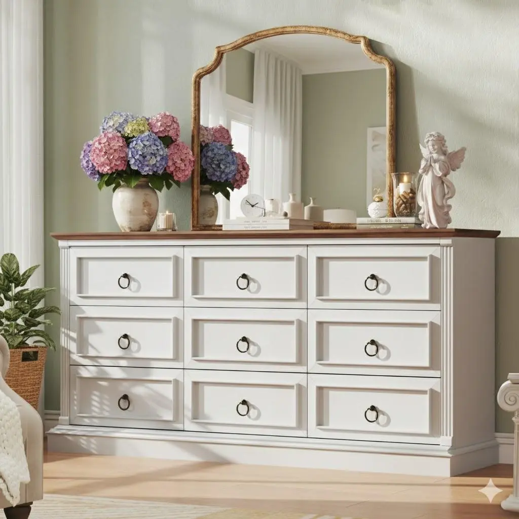 【Summergarden】Farmhouse 9 Drawer Dresser for Bedroom, 60" Wide Chest of Drawers with Roman Column, White Wood Dresser with Antique Bronze Circle Handles, Storage Organizer for Living Room, Hallway, Entryway