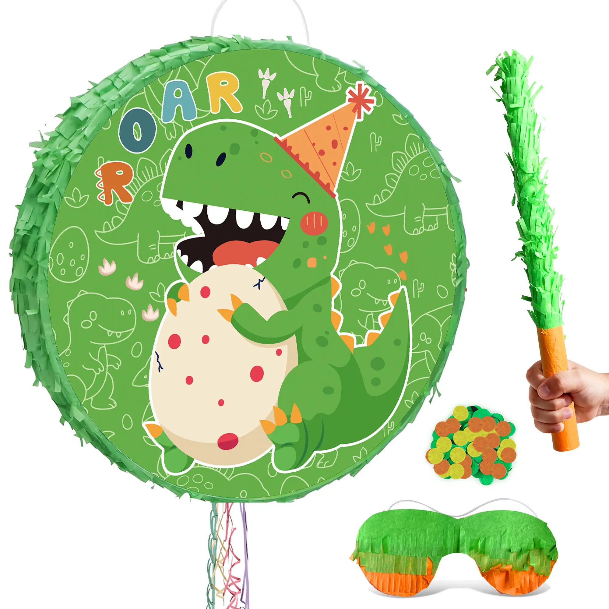 DECEAUTIFY 4-in-1 17.58'' Dinosaur Round Piñata Bundle with Blindfold & Party Stick, Festive Dinosaur Themed Party Decorations & Gifts for Birthday Events