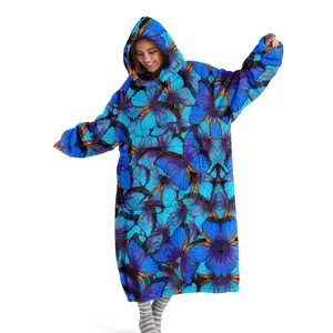 hoodie blanket，Wearable Blanket，Hooded Blanket Wearable Throw, Cozy Hooded Blanket, Blue Butterfly Print Hoodie Blanket, Soft Warm Large Size, Sofa Cover, Home Leisure, Air Conditioning，Christmas Gift,Valentine's Day gift