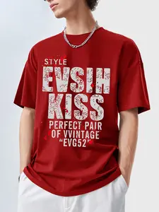 Men's Vintage Street Style Evisu Kiss Print Round Neck Graphic Tee, Regular Fit Casual Short Sleeve T-shirt for Summer, Men's Top for Daily Wear, Tropical