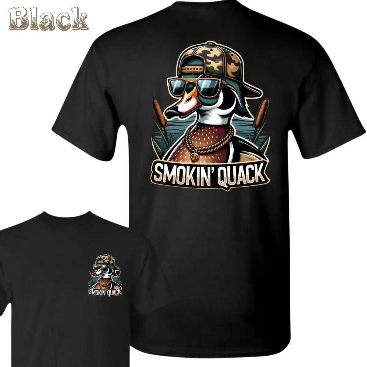 180gSmokin’ Quack Fun Duck T-Shirt - Cool Duck With Camo Hat And Sunglasses Graphic , Hip Hop Style Duck Print , Outdoor Waterfowl Lover Tee , Unisex Casual Shirt , Fun Everyday Wear