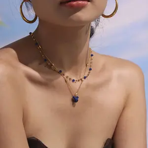 Rhine Blue Mickey Bear Double-Layer Collarbone Necklace, Niche Design Stainless Steel Gold-Plated Fashion Costume Jewelry