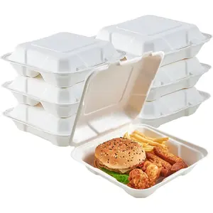 50 Pack Clamshell Take Out Food Containers, 100% Compostable Disposable To Go Containers, 8X8 inch Heavy-Duty To Go Boxes for Food