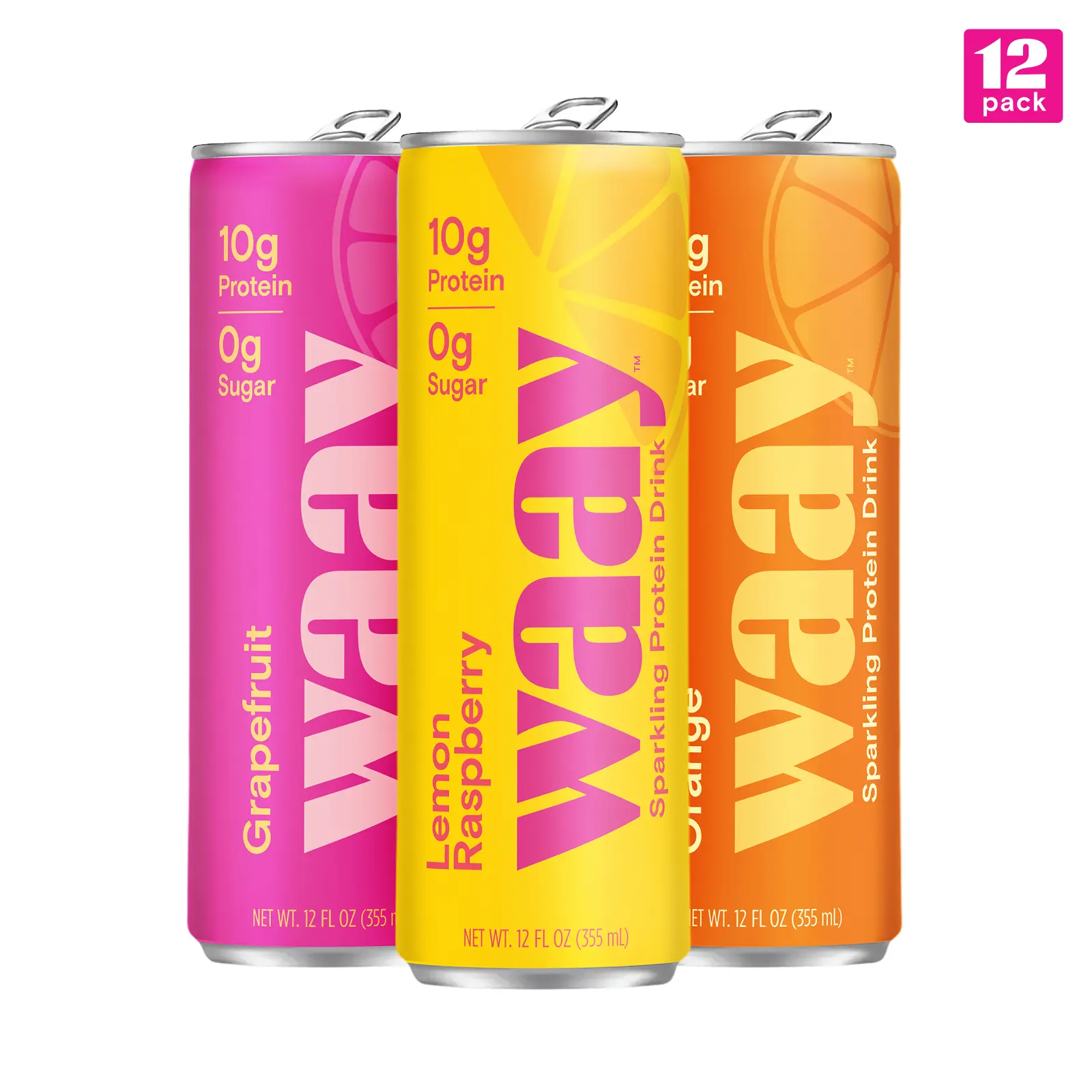 WAAY Sparkling Clear Protein Drink, 12 fl oz Can, 10g Protein, 0g Sugar, 45 Calories (12 Pack)