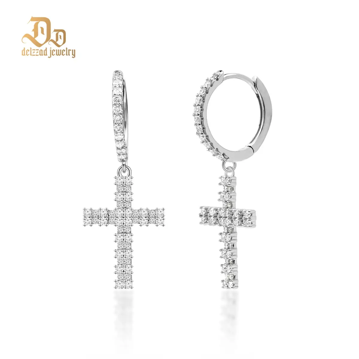 Delzzad S925 VVS Synthetic Moissanite Bling Cross Clip Hoop Earrings Jewelry Perfect Birthday Mother’s Day Gift for Men Women Silver Earrings Golden E