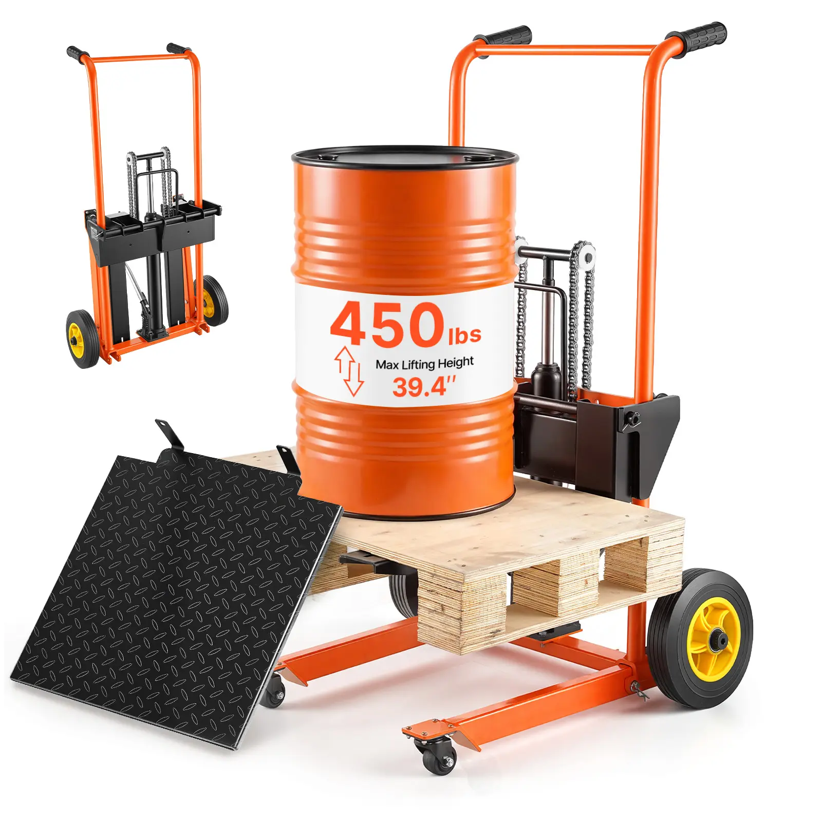【SummerFinds】VEVOR Hydraulic Material Lift Winch Stacker, 450 lbs Load Capacity, Pallet Truck Dolly with Fork Lift Table, 39.4 Inches Max Lifting Height, Foldable & Portable Pallet Jack Table Cart, Orange & Black, Carbon Steel, Foot Pedal