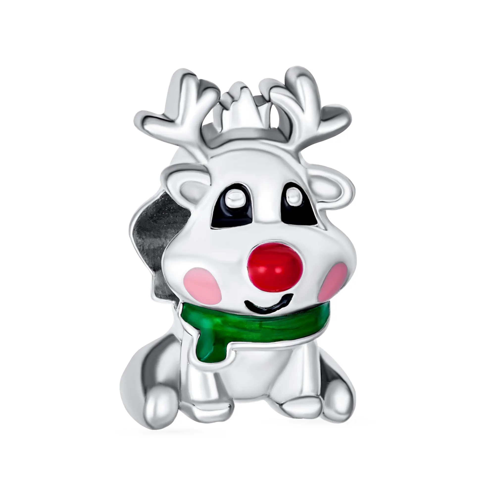 Sterling Silver Fun Caribou Elk Christmas Holiday Rudolph Red Nose Reindeer Charm Bead for Bracelet
