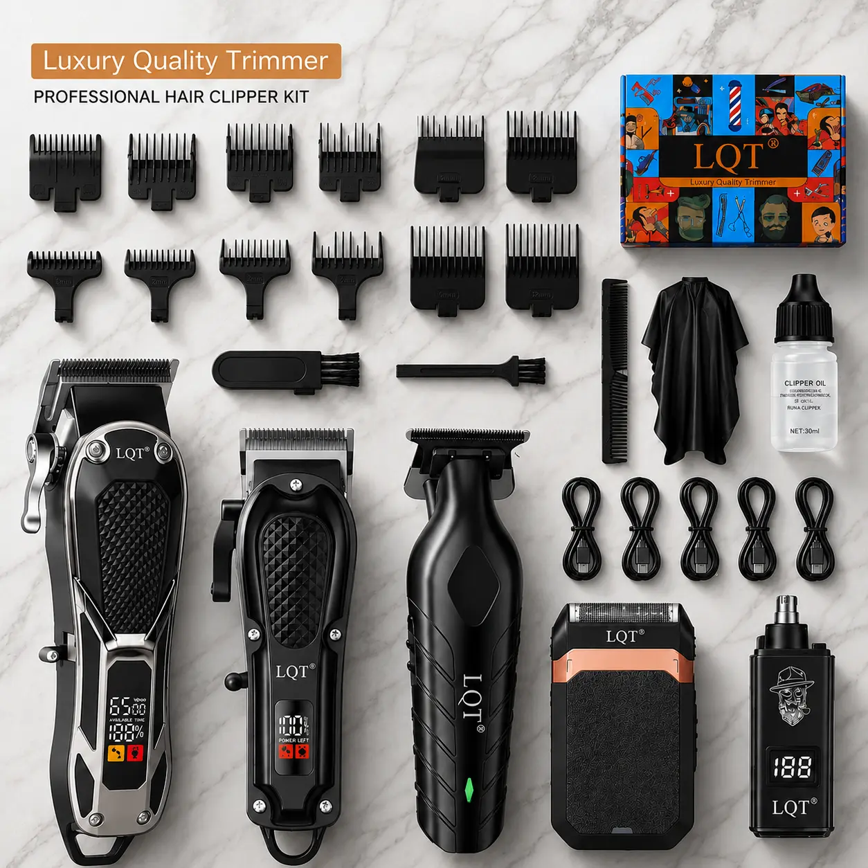Men's 5-in-1 Professional Cordless Rechargeable Hair Clipper Kit, Barber Grooming Set with Hair Clipper, T-Blade Trimmer, Foil Shaver, Nose Trimmer, Guide Combs & Accessories for Home Haircuts, Beard Styling
