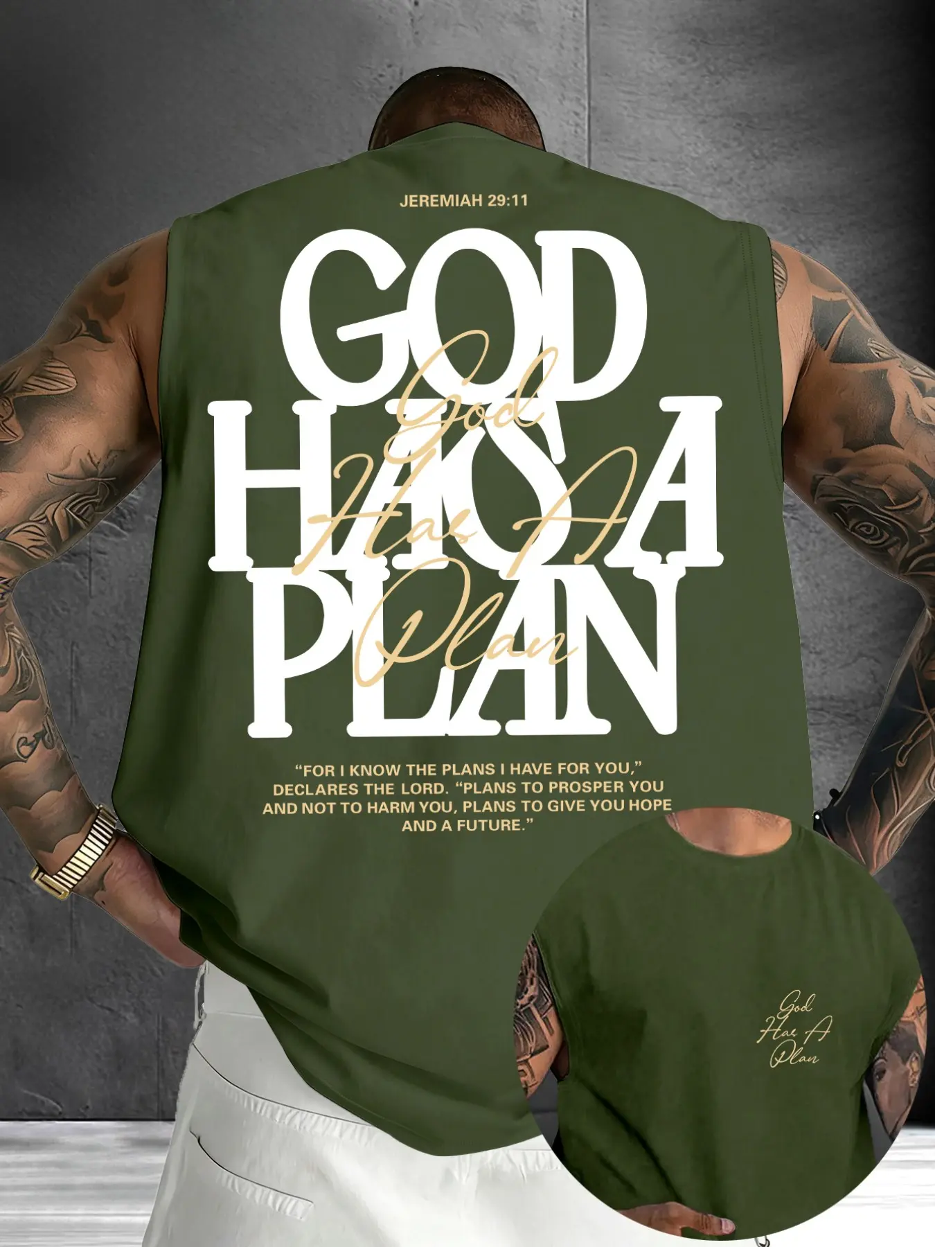 Men's "God Has A Plan" Graphic Print Sleeveless Urban Street Tank Top, Casual Christian Streetwear Vest, Faith Inspired Tee #GodHasAPlan #ChristianTankTop #FaithBasedStreetwear #ReligiousPrintTank #TikTokMadeMeBuyIt
