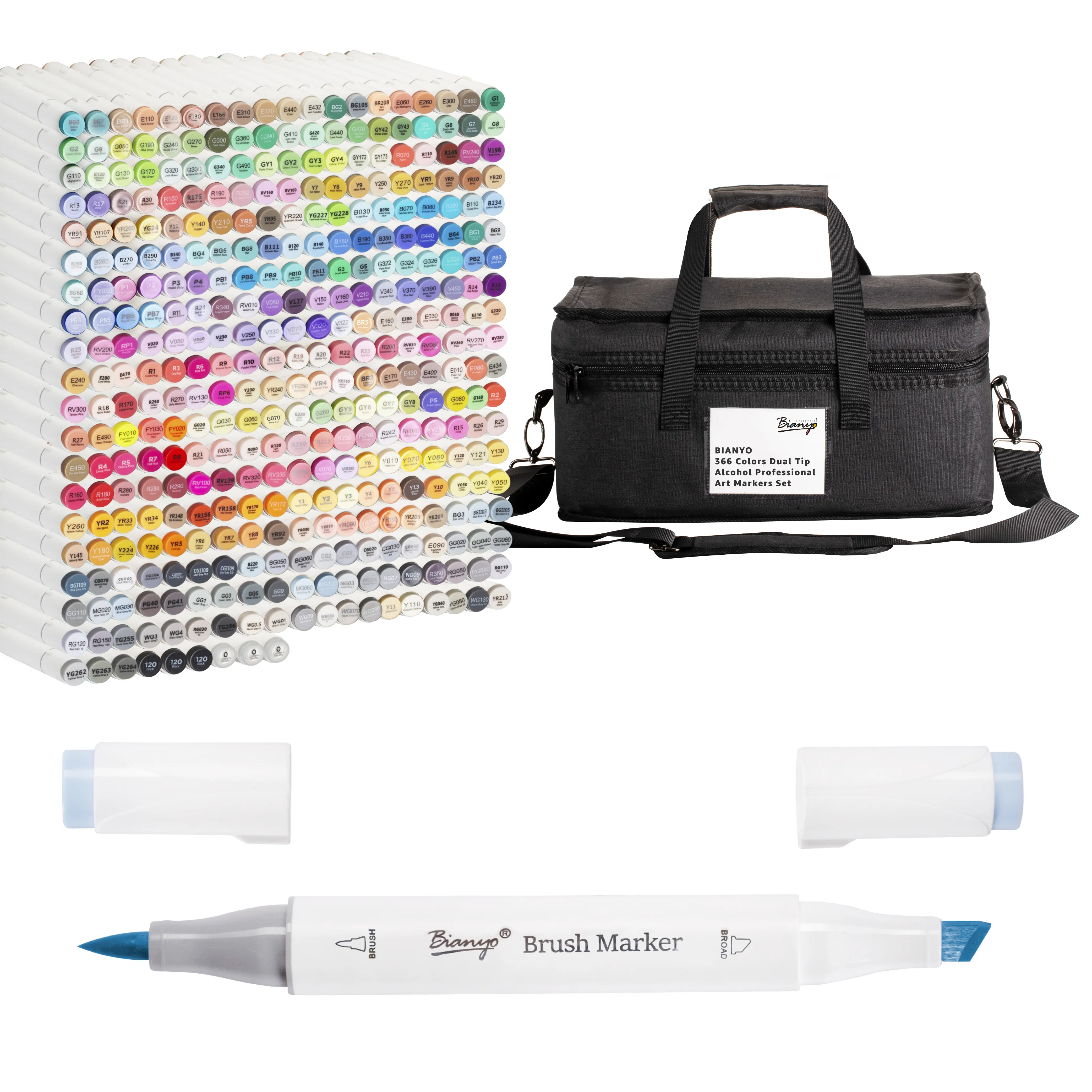 Bianyo 372-Piece Dual Tip Alcohol Colored Markers Set - Brush & Chisel Tips, Fluorescents, Natural Skin Tones, Smudge-Resistant, Safe for Adults, Storage Bag Included - Office Stationery for Realistic Portraits, Illustration