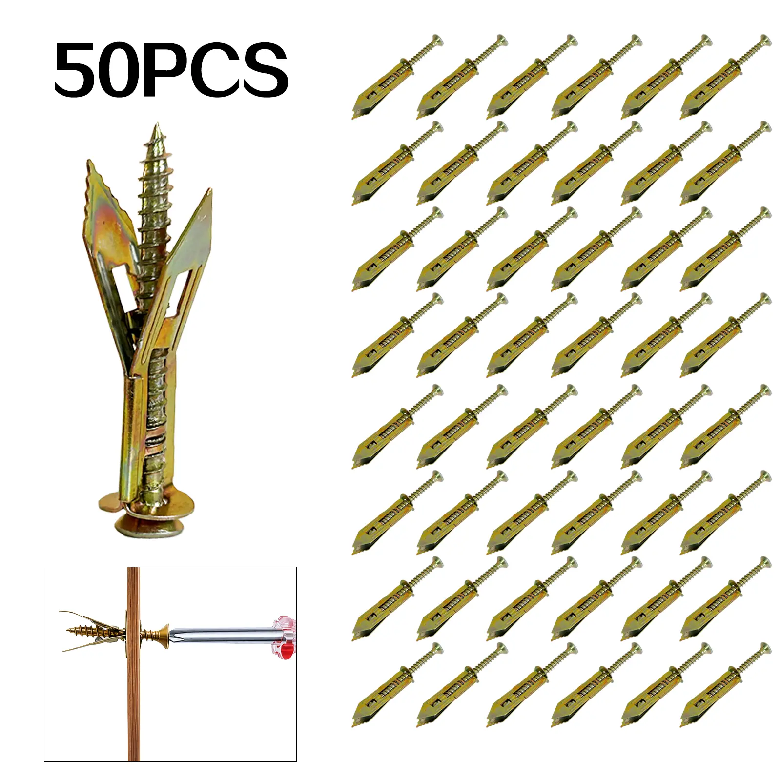 100pcs Count Drywall Self Drilling Anchors and Screws, Heavy-Duty Zinc-Plated Steel Anchors with Self-Tapping Screws, Hollow Screws and Anchors for TV, Bicycle,Cabinet Fixing Accessories, Easy Application, No Drill or Holes in Wall